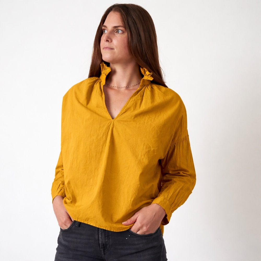 A Shirt‎ Thing Penelope Cabo Top in Mustard Ruffle Collar V-Neck